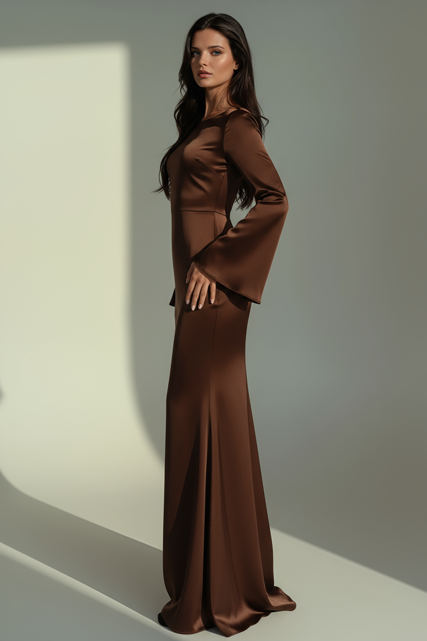 Lottie | Long-Sleeve Flared-Cuff Satin Maxi Gown