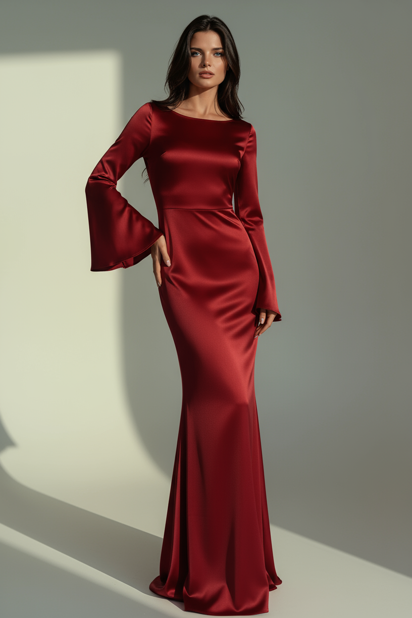 Lottie | Long-Sleeve Flared-Cuff Satin Maxi Gown