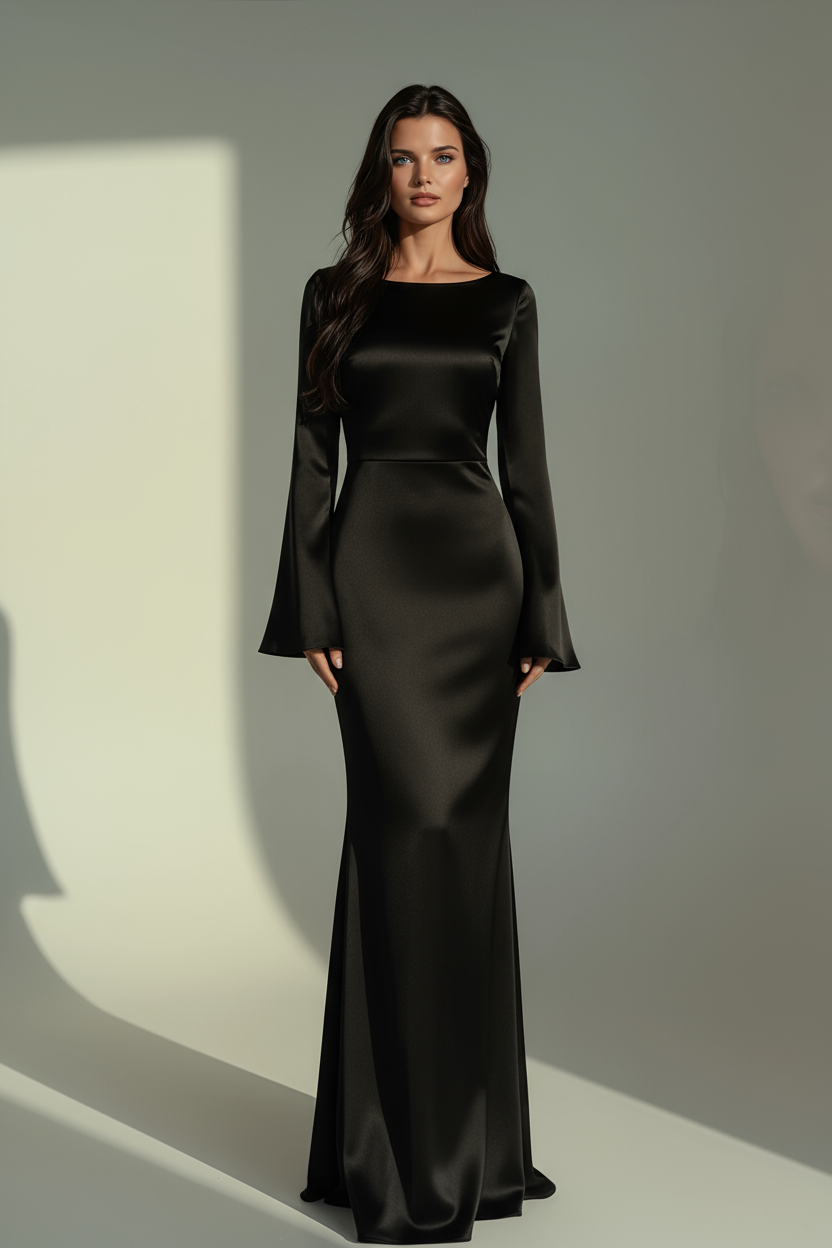 Lottie | Long-Sleeve Flared-Cuff Satin Maxi Gown