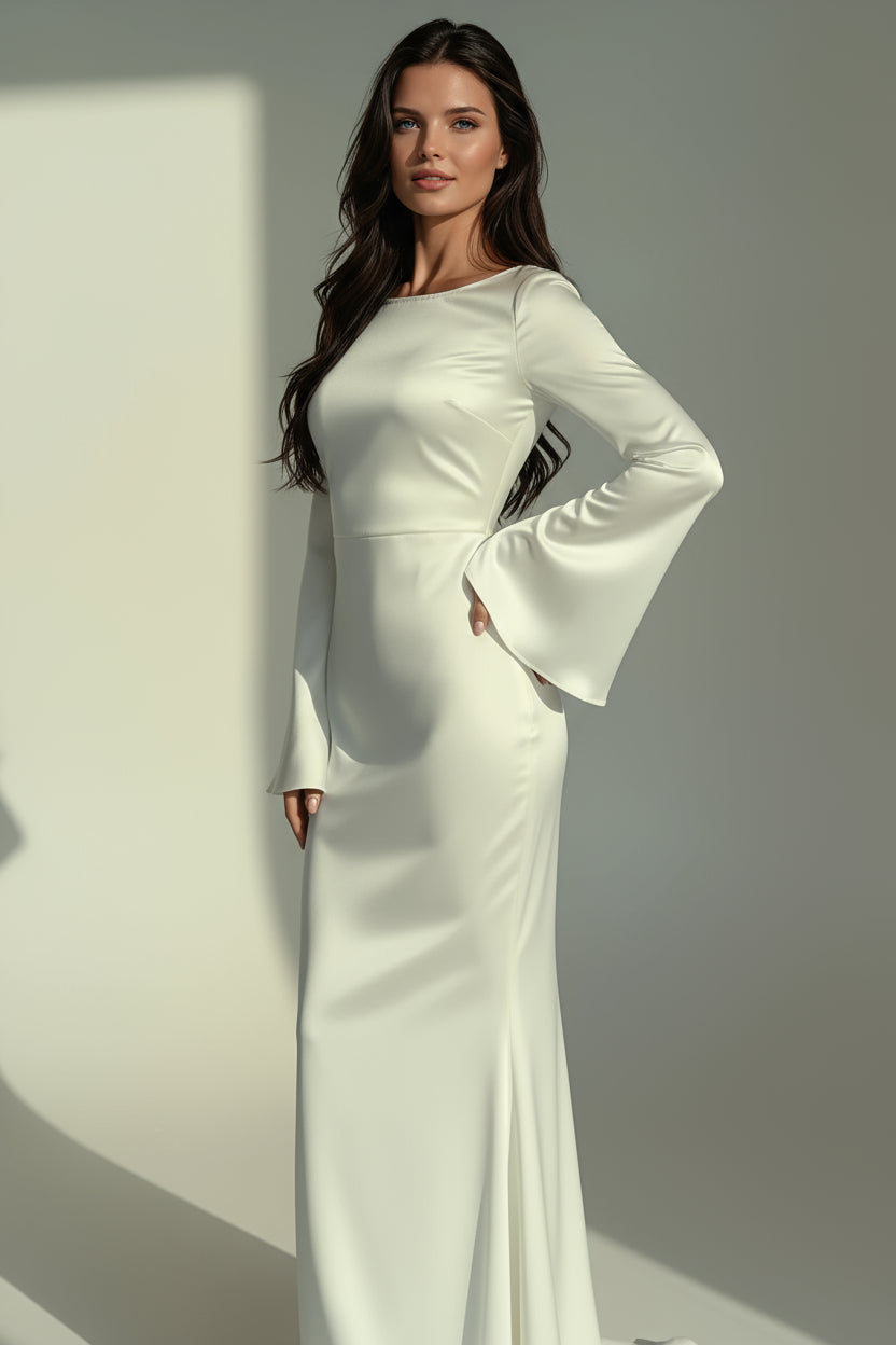 Lottie | Long-Sleeve Flared-Cuff Satin Maxi Gown