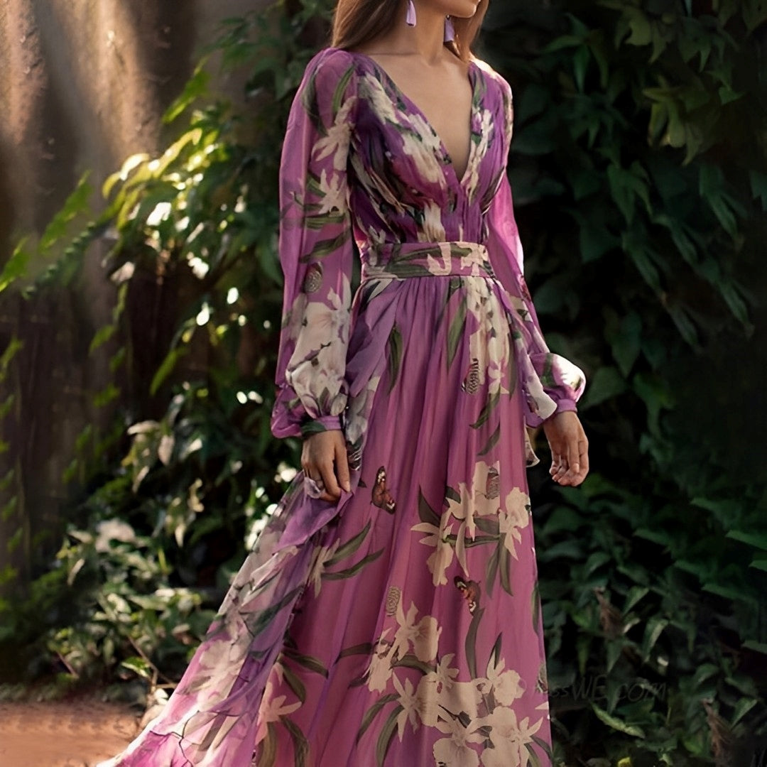 Sabrina | Floral Long-Sleeve Linen Maxi Dress for Spring