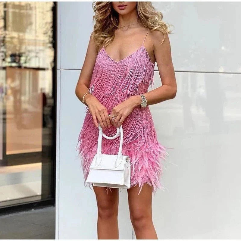 Amara | Sequin Feather-Hem Cocktail Dress for Holiday Parties