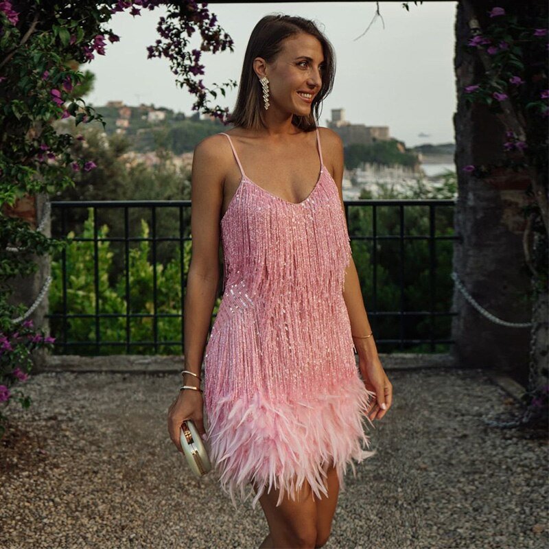 Amara | Sequin Feather-Hem Cocktail Dress for Holiday Parties