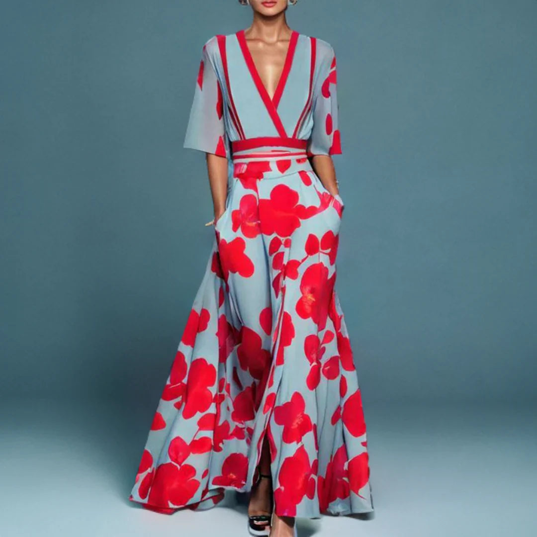 Tilly | Poppy Print Deep-V Linen Wrap Maxi Dress