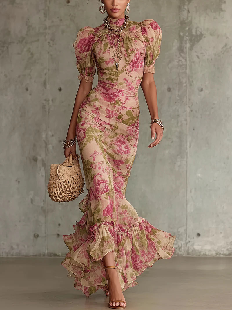 Mia | Puff-Sleeve Rose Print Women Party Dress