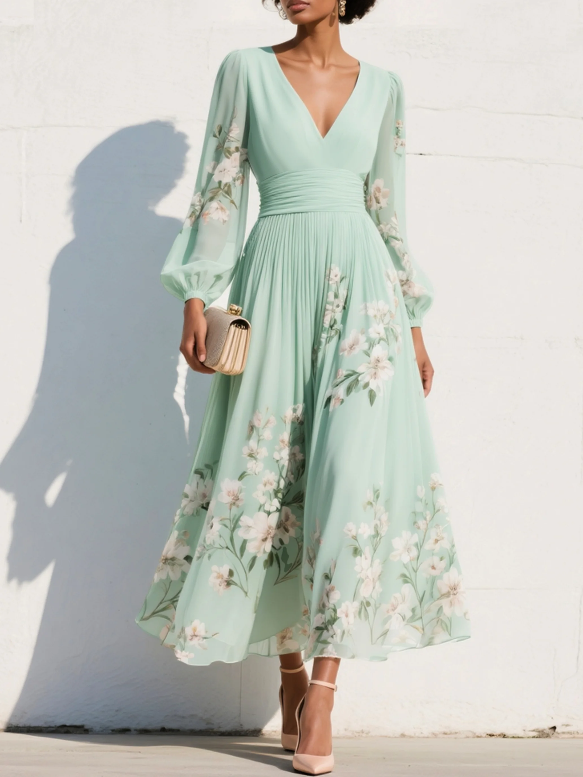 Sofia | Embroidered Floral Chiffon Midi Dress for Summer