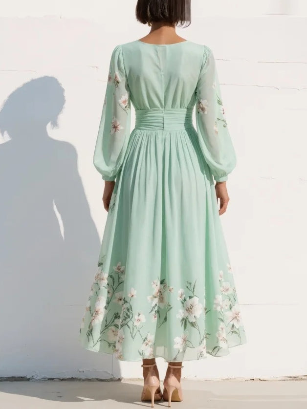 Sofia | Embroidered Floral Chiffon Midi Dress for Summer
