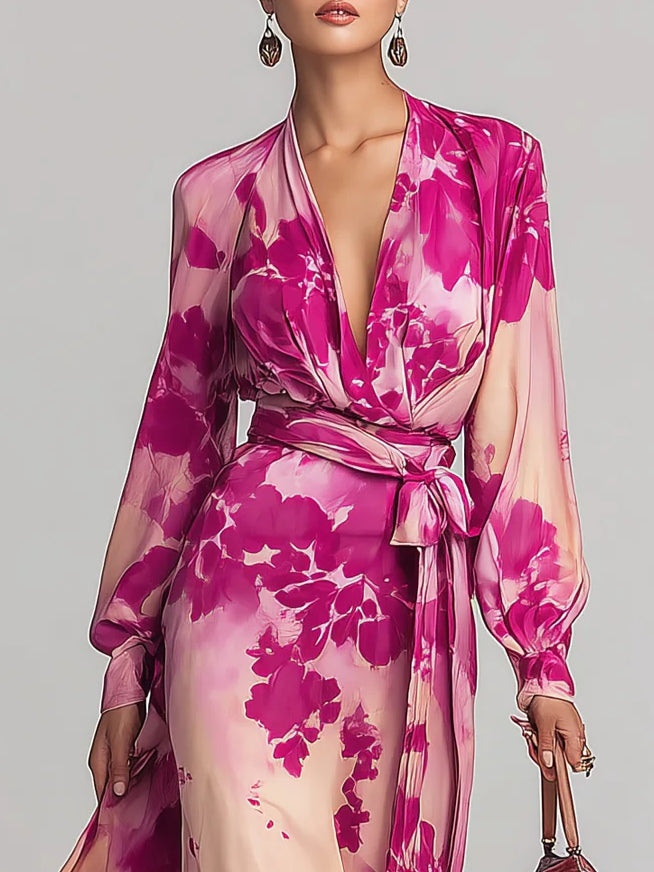 Celeste | Belted V-Neck Floral Maxi Women Party Dress