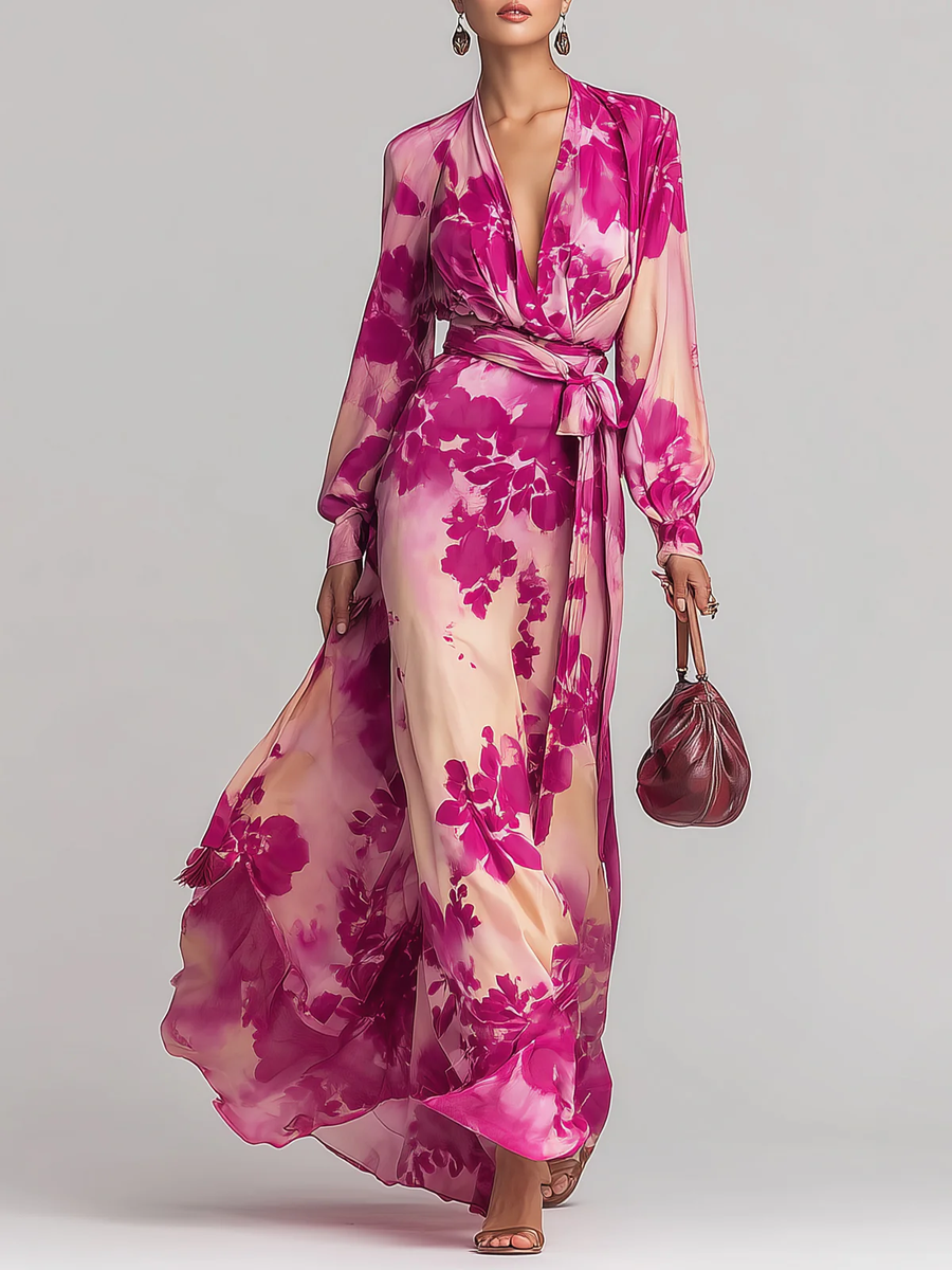Celeste | Belted V-Neck Floral Maxi Women Party Dress