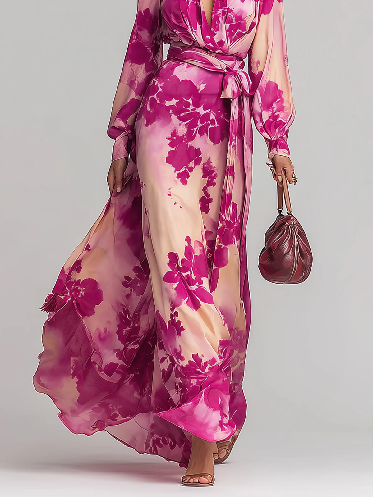 Celeste | Belted V-Neck Floral Maxi Women Party Dress