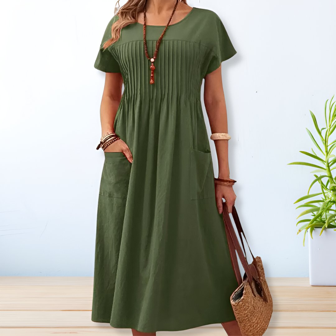 Chiara | Short-Sleeve Linen Pocket Midi Dress for Summer