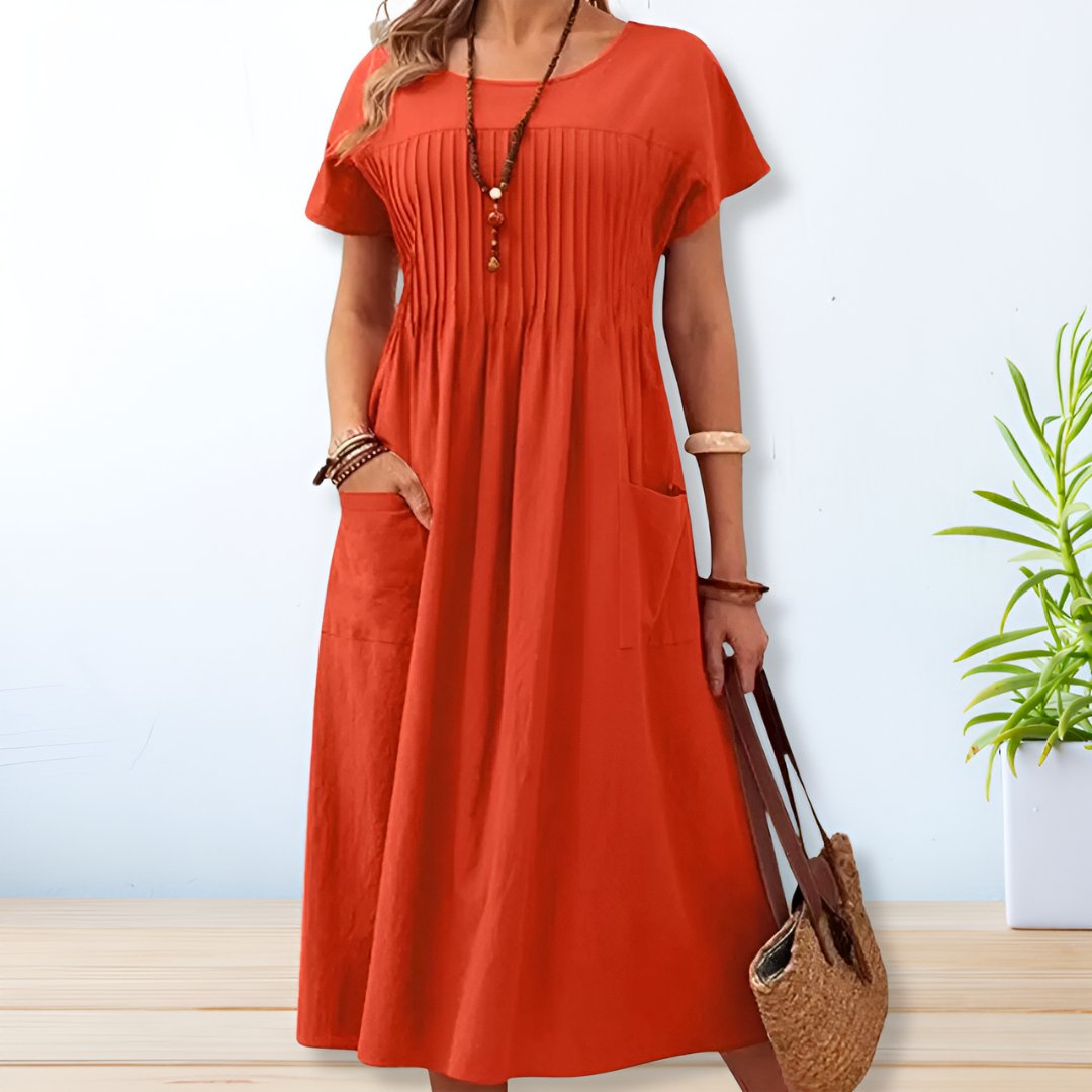 Chiara | Short-Sleeve Linen Pocket Midi Dress for Summer