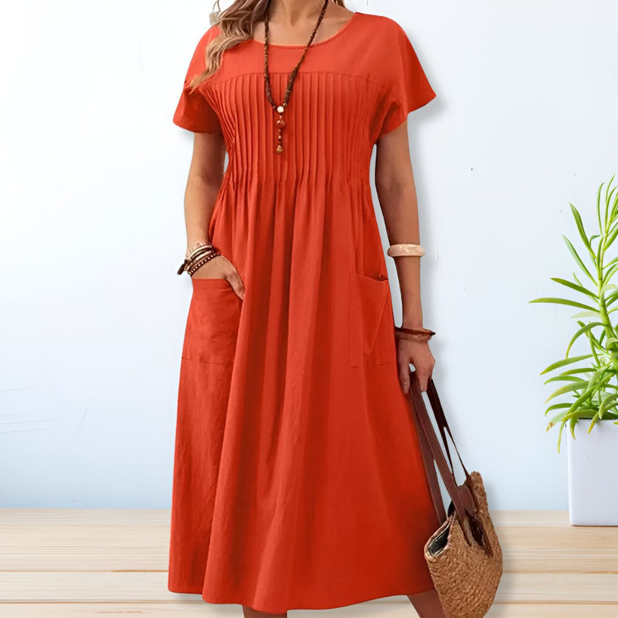 Chiara | Short-Sleeve Linen Pocket Midi Dress for Summer