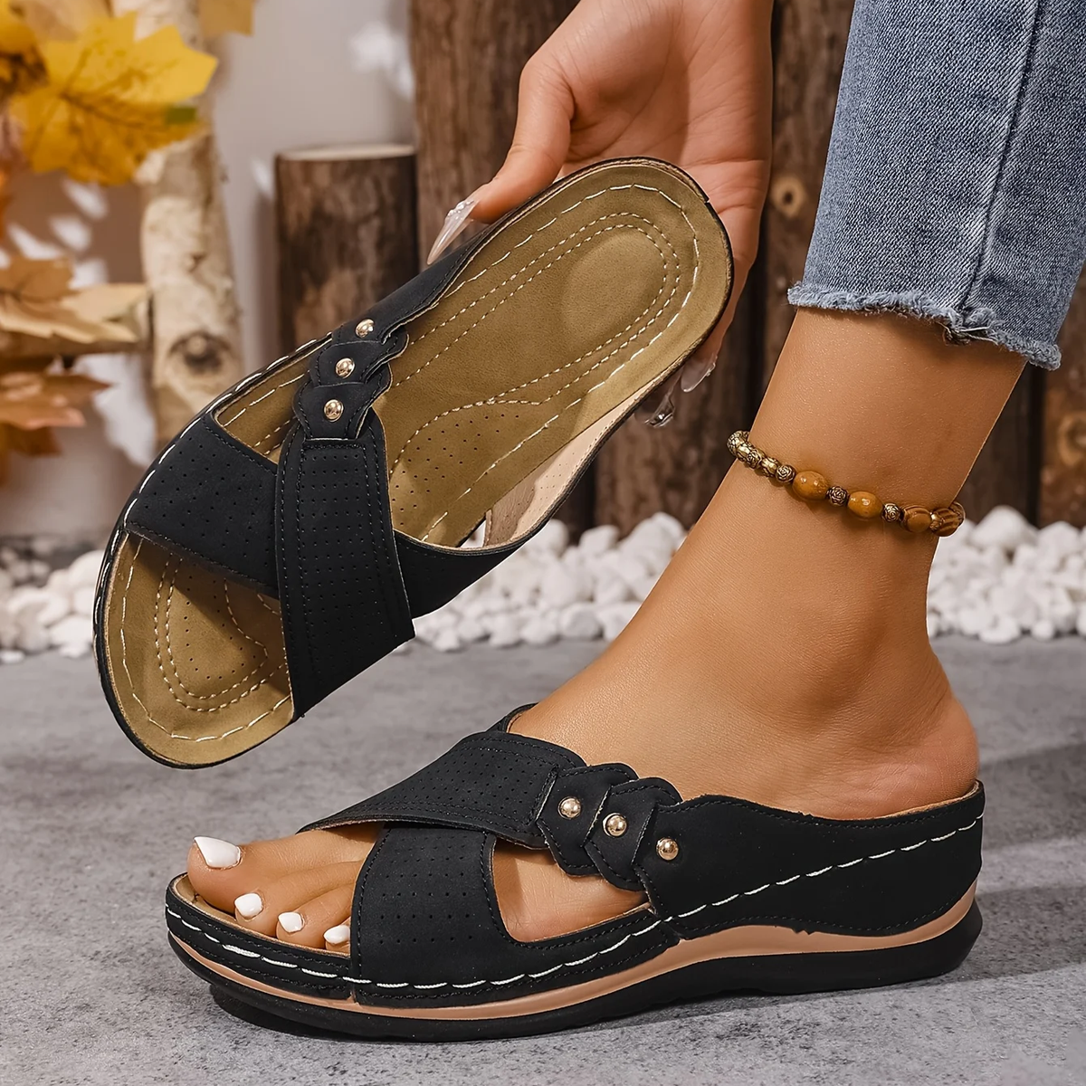 Indie | Criss-Cross Perforated Low Wedge Women Sandals for Summer