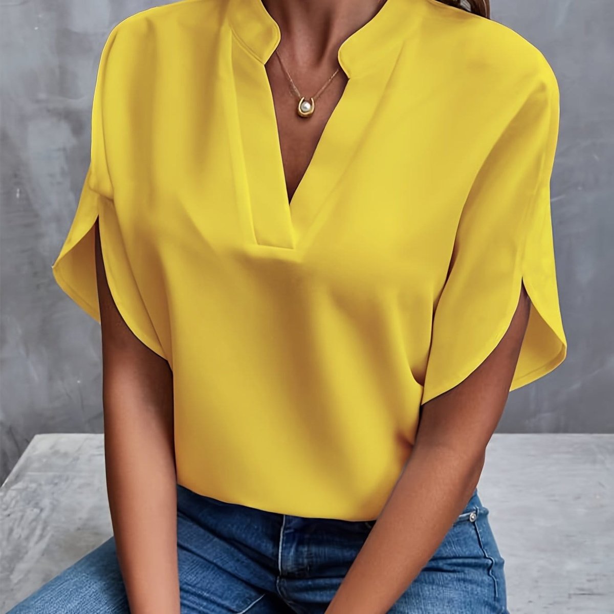 Elisa | Notch-Neck Satin-Effect Short-Sleeve Women Blouses