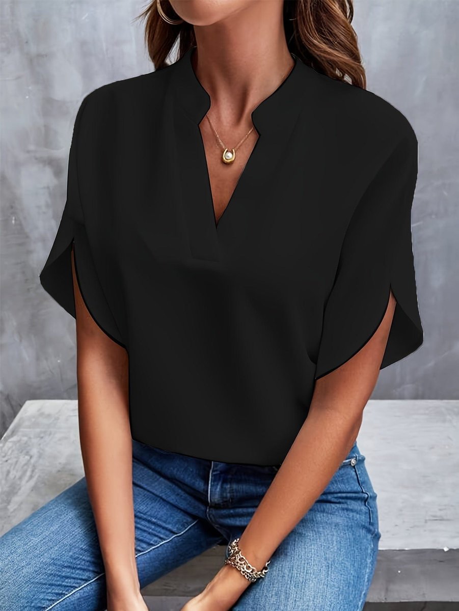 Elisa | Notch-Neck Satin-Effect Short-Sleeve Women Blouses