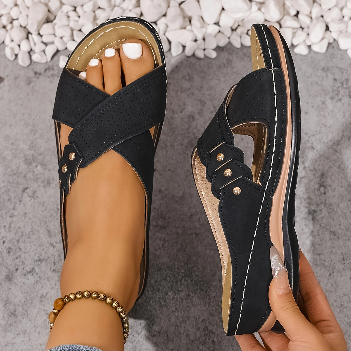 Indie | Criss-Cross Perforated Low Wedge Women Sandals for Summer