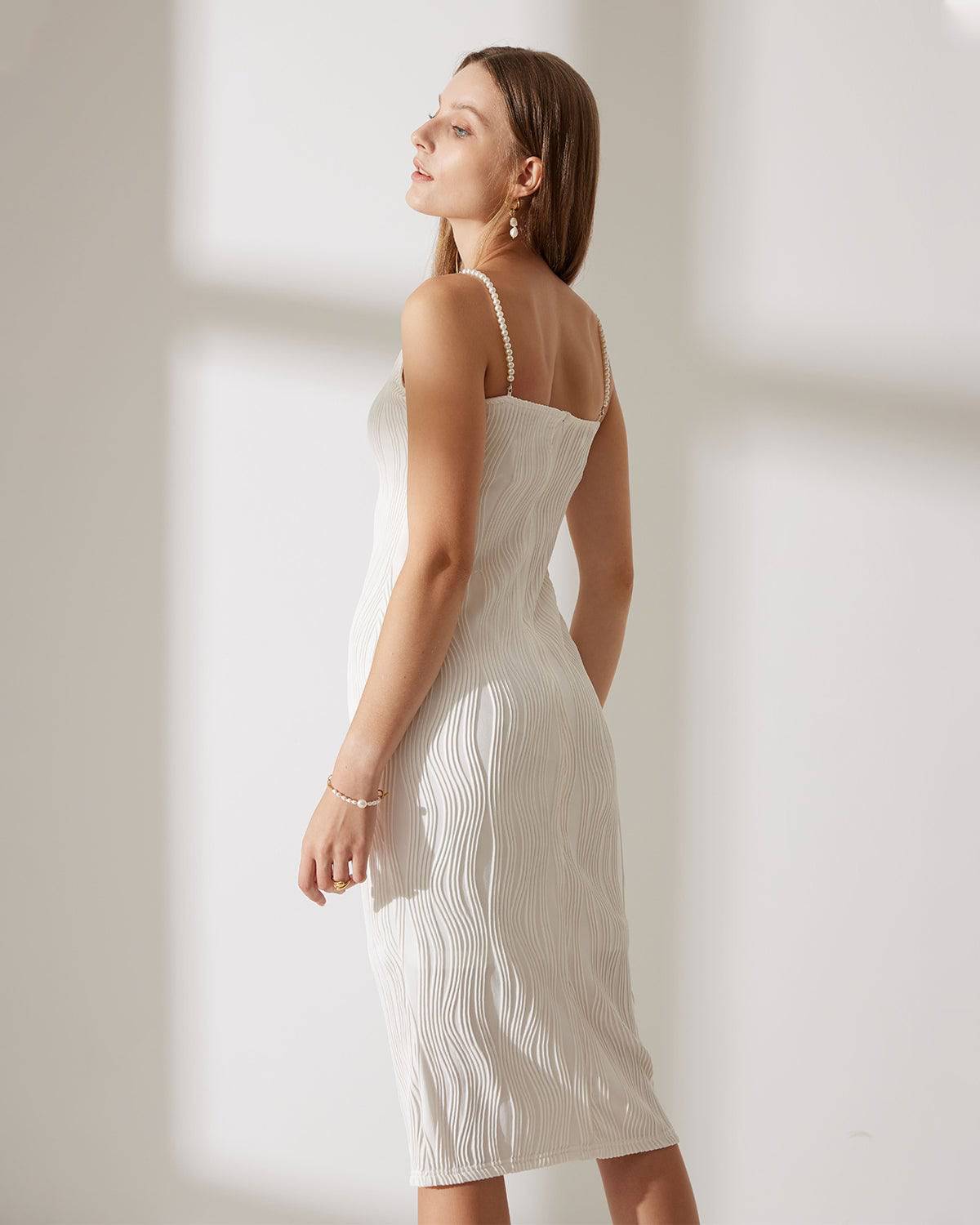 Nadia | Pearl-Strap Textured Cami Midi Dress