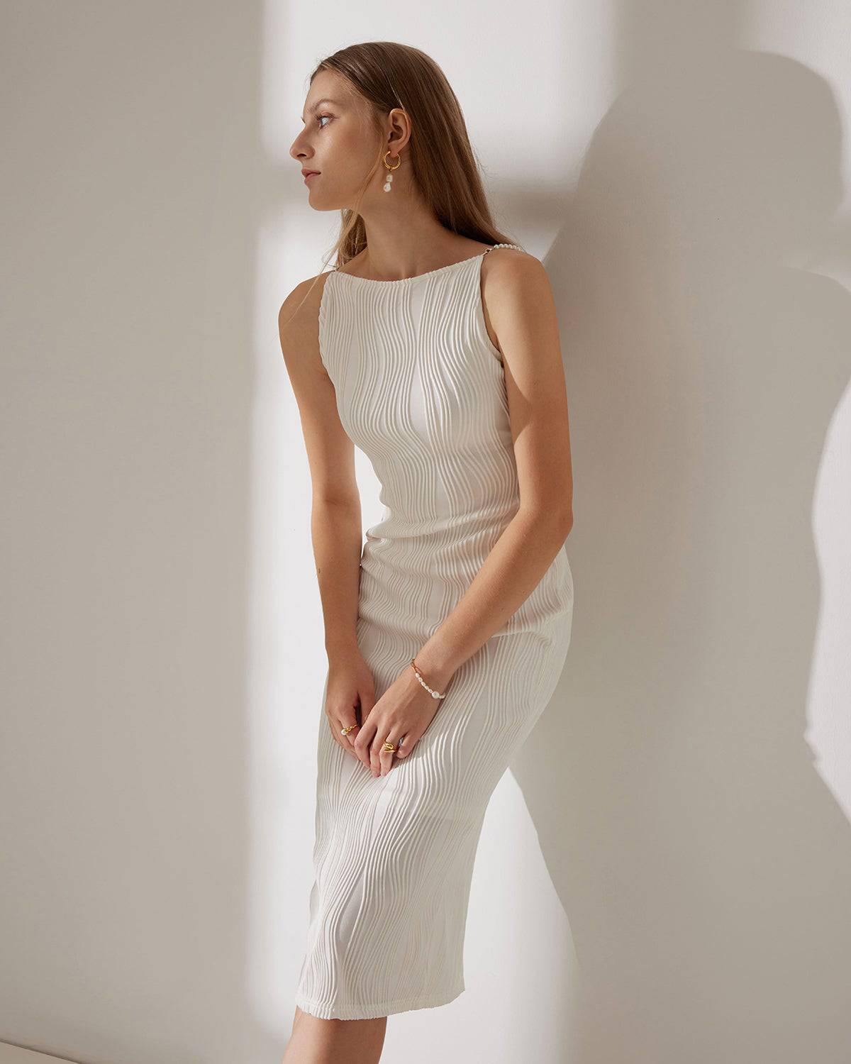 Nadia | Pearl-Strap Textured Cami Midi Dress