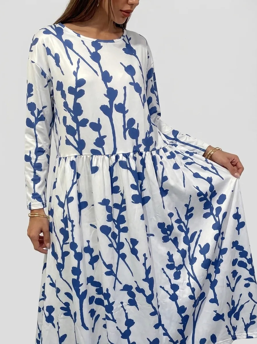 Ivy | Coastal Floral Round-Neck Midi Dress for Summer