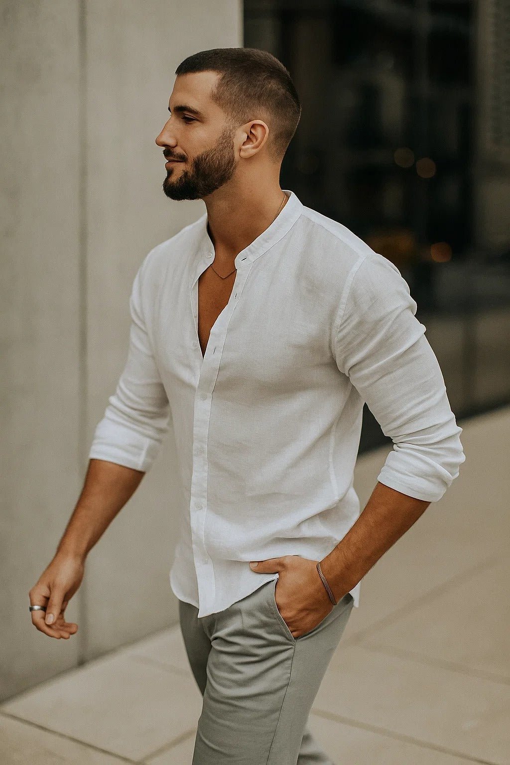 Charlie | Linen Grandad-Collar Long-Sleeve Men's Shirt for Spring