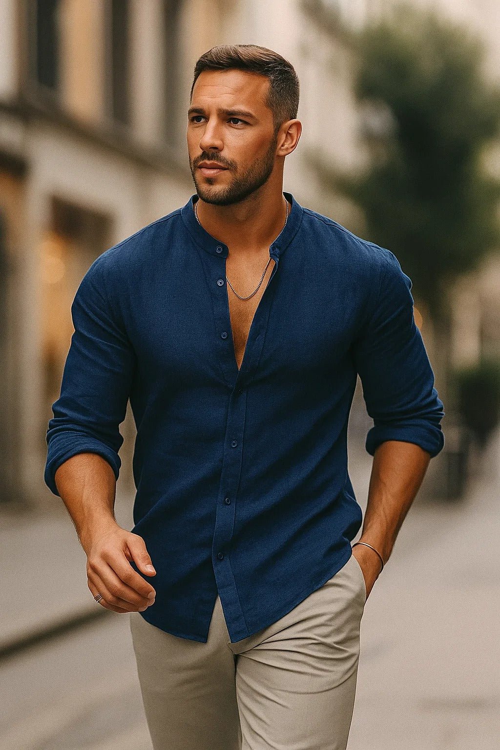 Charlie | Linen Grandad-Collar Long-Sleeve Men's Shirt for Spring