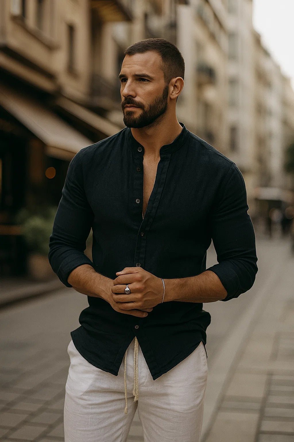 Charlie | Linen Grandad-Collar Long-Sleeve Men's Shirt for Spring