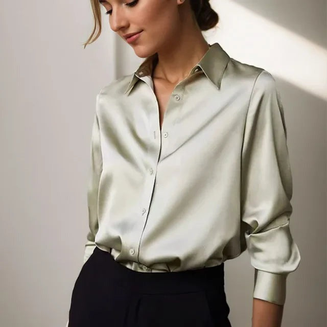 Ottavia | Satin-Effect Long-Sleeve Shirt-Collar Women Blouses