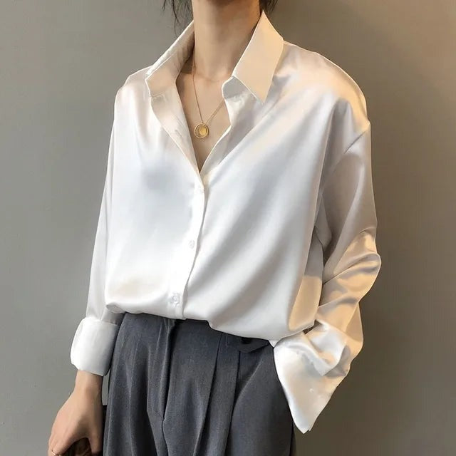 Ottavia | Satin-Effect Long-Sleeve Shirt-Collar Women Blouses