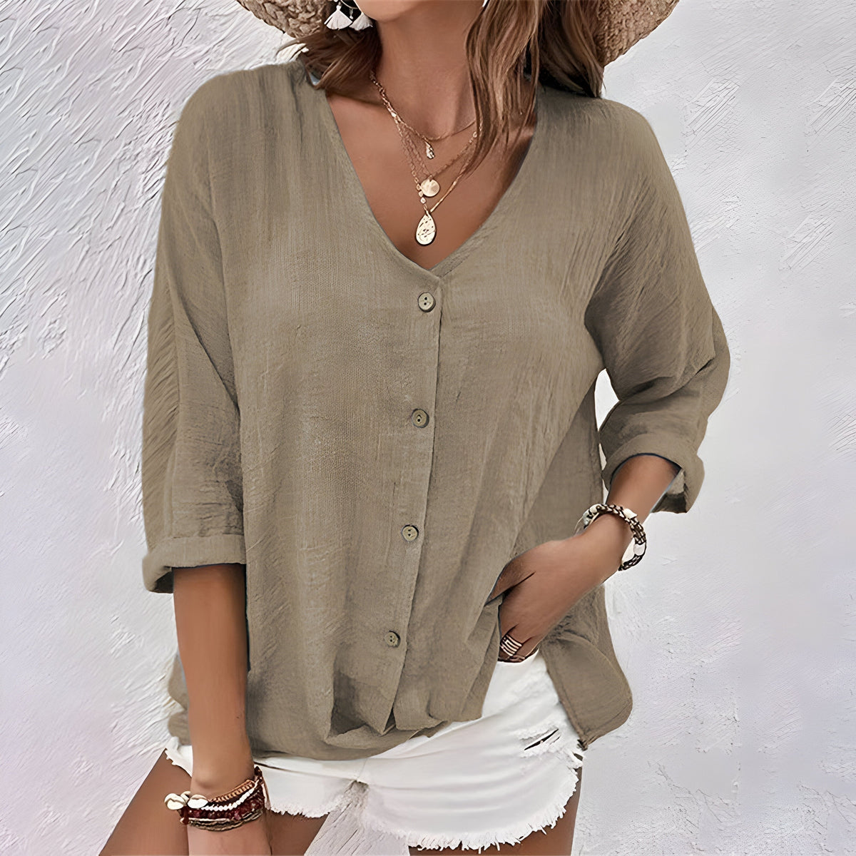 Amelia | Roll-Sleeve V-Neck Button-Up Women Blouses for Summer