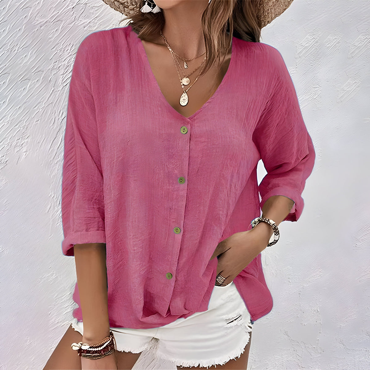 Amelia | Roll-Sleeve V-Neck Button-Up Women Blouses for Summer