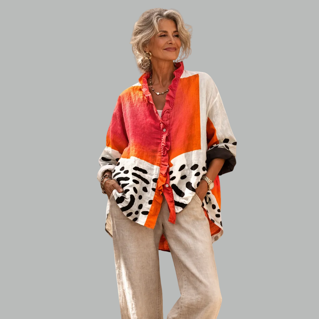 Fiona | Printed Ruffle-Neck Relaxed Women Blouses