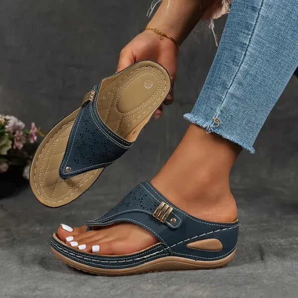 Jasmine | Laser-Cut Toe-Post Low Wedge Women Sandals for Summer