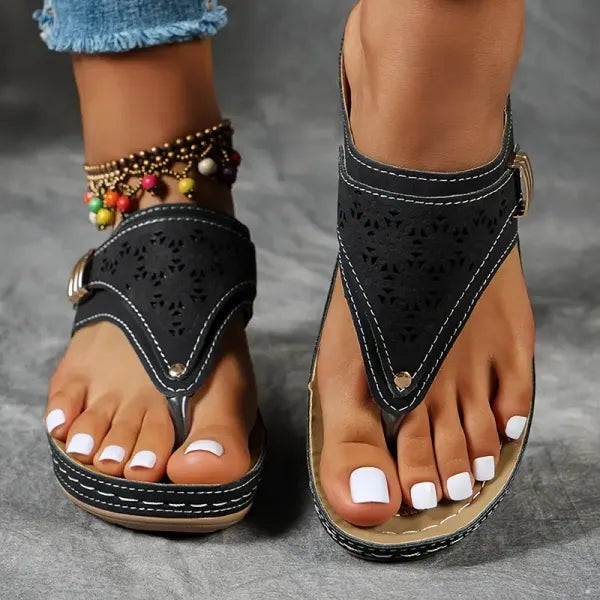 Jasmine | Laser-Cut Toe-Post Low Wedge Women Sandals for Summer