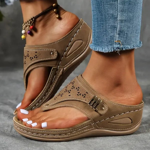 Jasmine | Laser-Cut Toe-Post Low Wedge Women Sandals for Summer