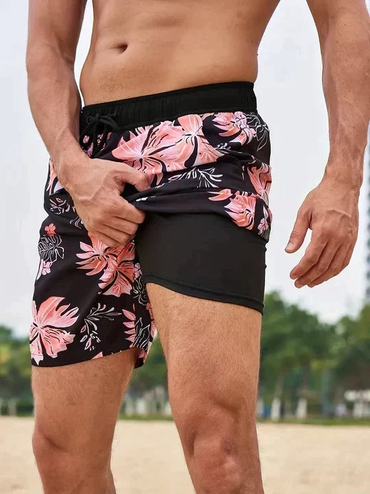 Quinton | Tropical Palm Print Lined Men's Swim Shorts for Summer