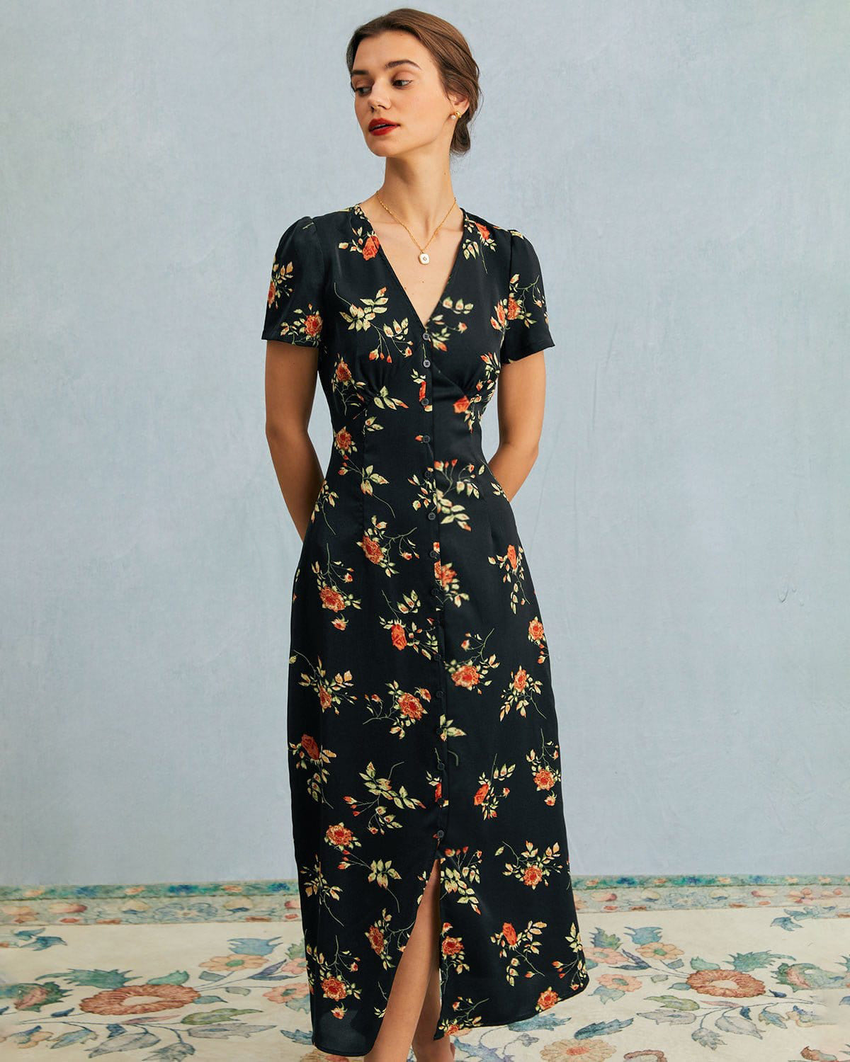 Natalia | Retro Floral Short-Sleeve Maxi Dress
