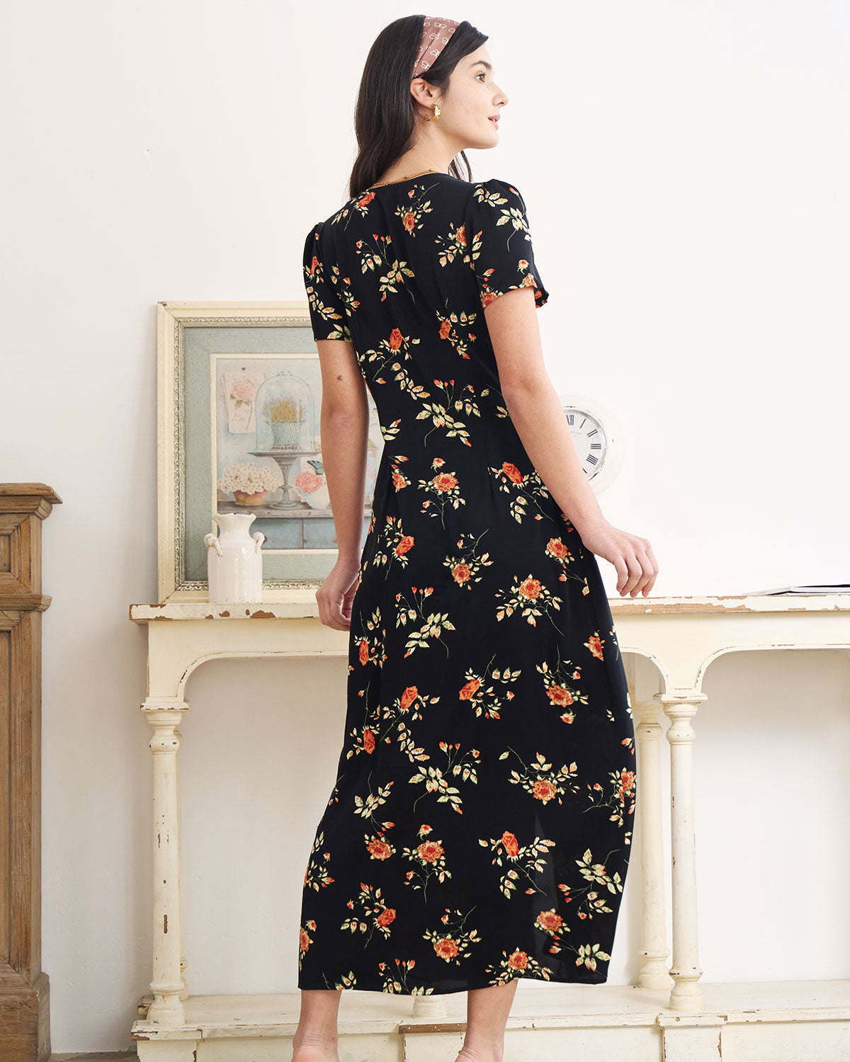Natalia | Retro Floral Short-Sleeve Maxi Dress