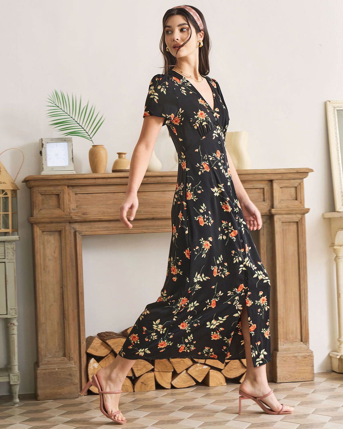 Natalia | Retro Floral Short-Sleeve Maxi Dress