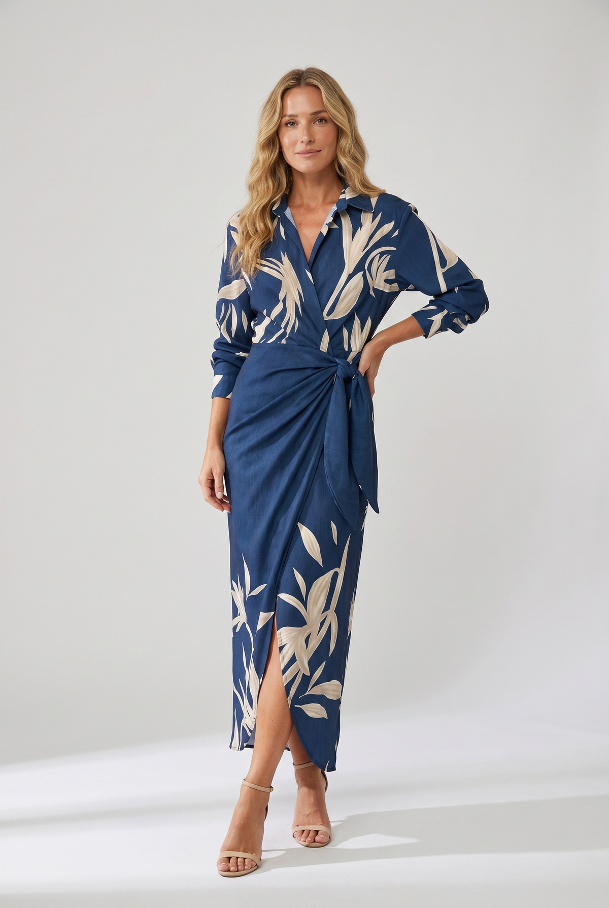 Thalia | Leaf Print Collared Wrap Maxi Dress for Summer
