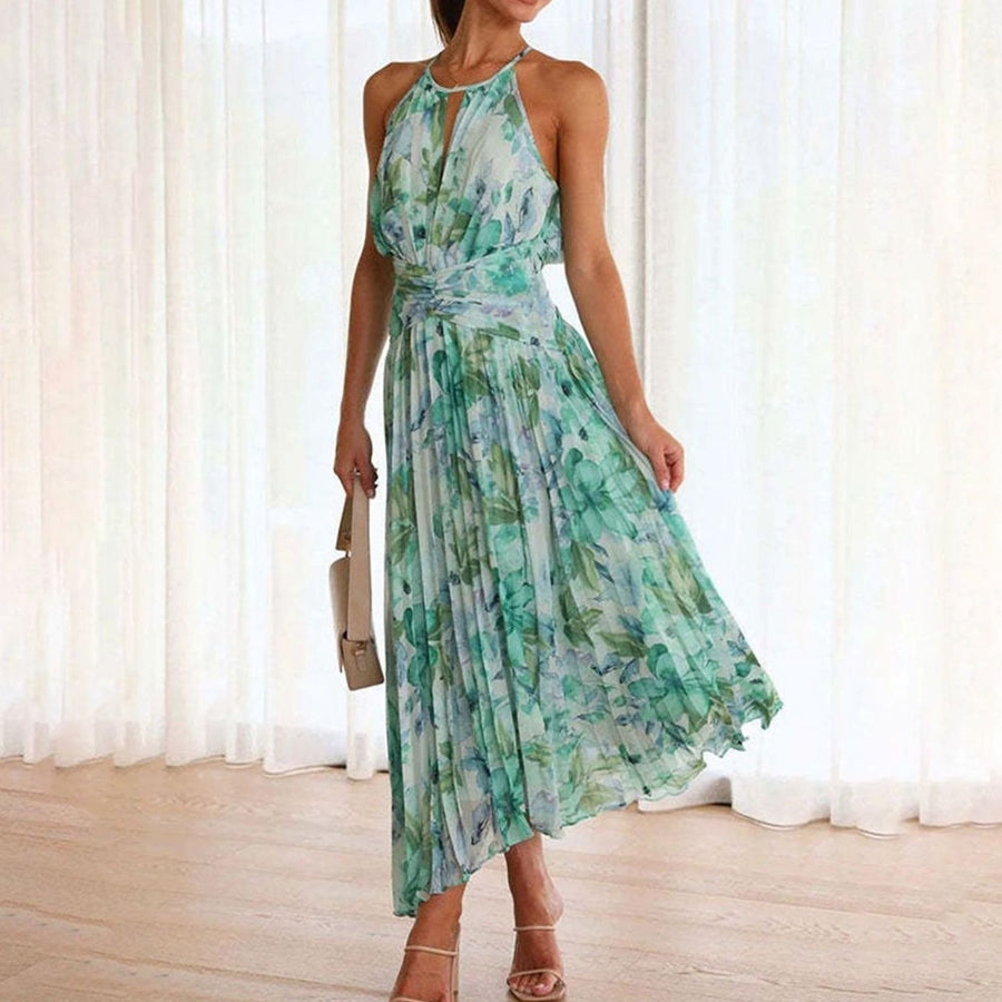 Camille | Halter Pleated Floral Maxi Dress for Summer