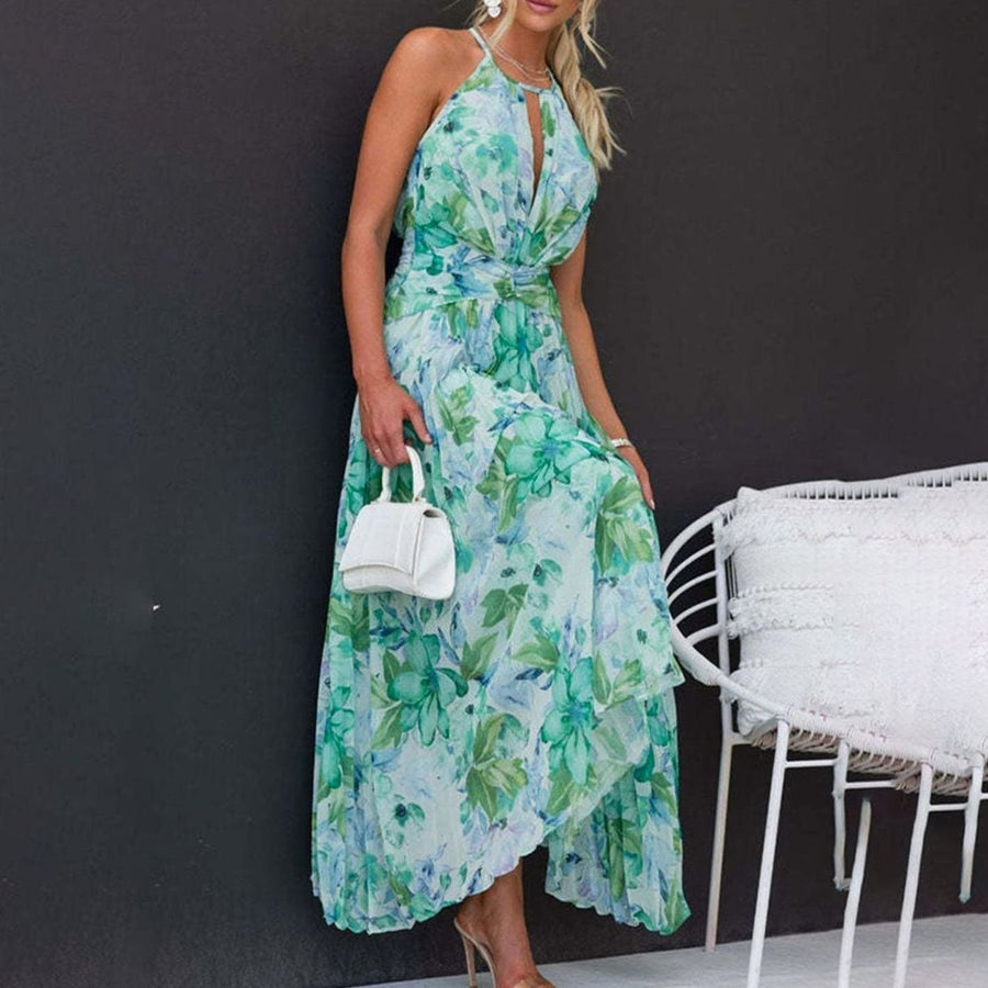 Camille | Halter Pleated Floral Maxi Dress for Summer