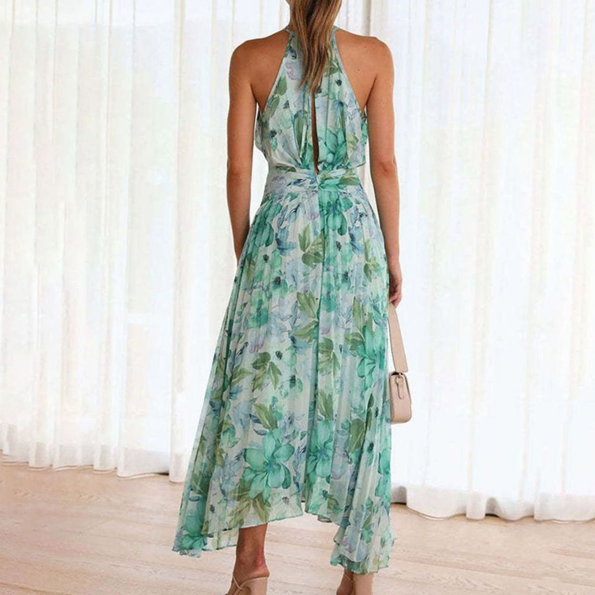 Camille | Halter Pleated Floral Maxi Dress for Summer