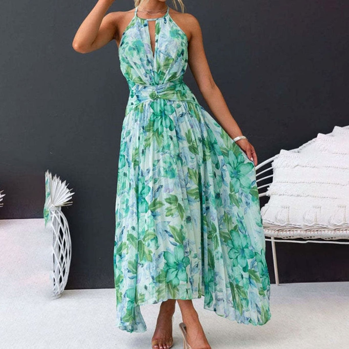 Camille | Halter Pleated Floral Maxi Dress for Summer