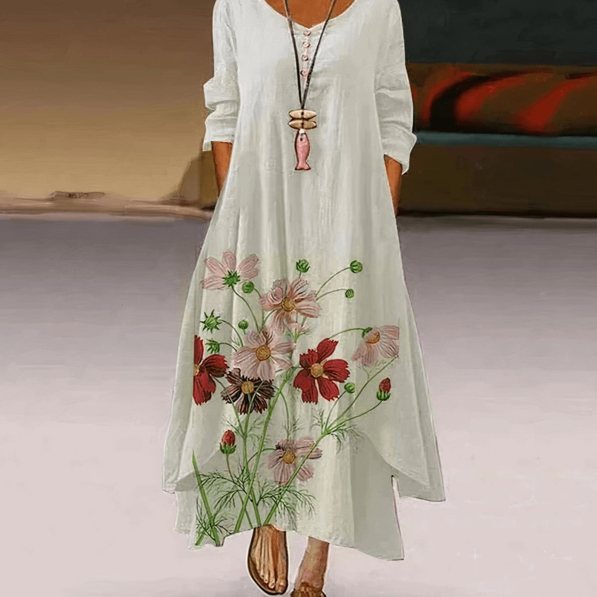 Florence | Long-Sleeve Relaxed Floral Maxi Dress for Spring