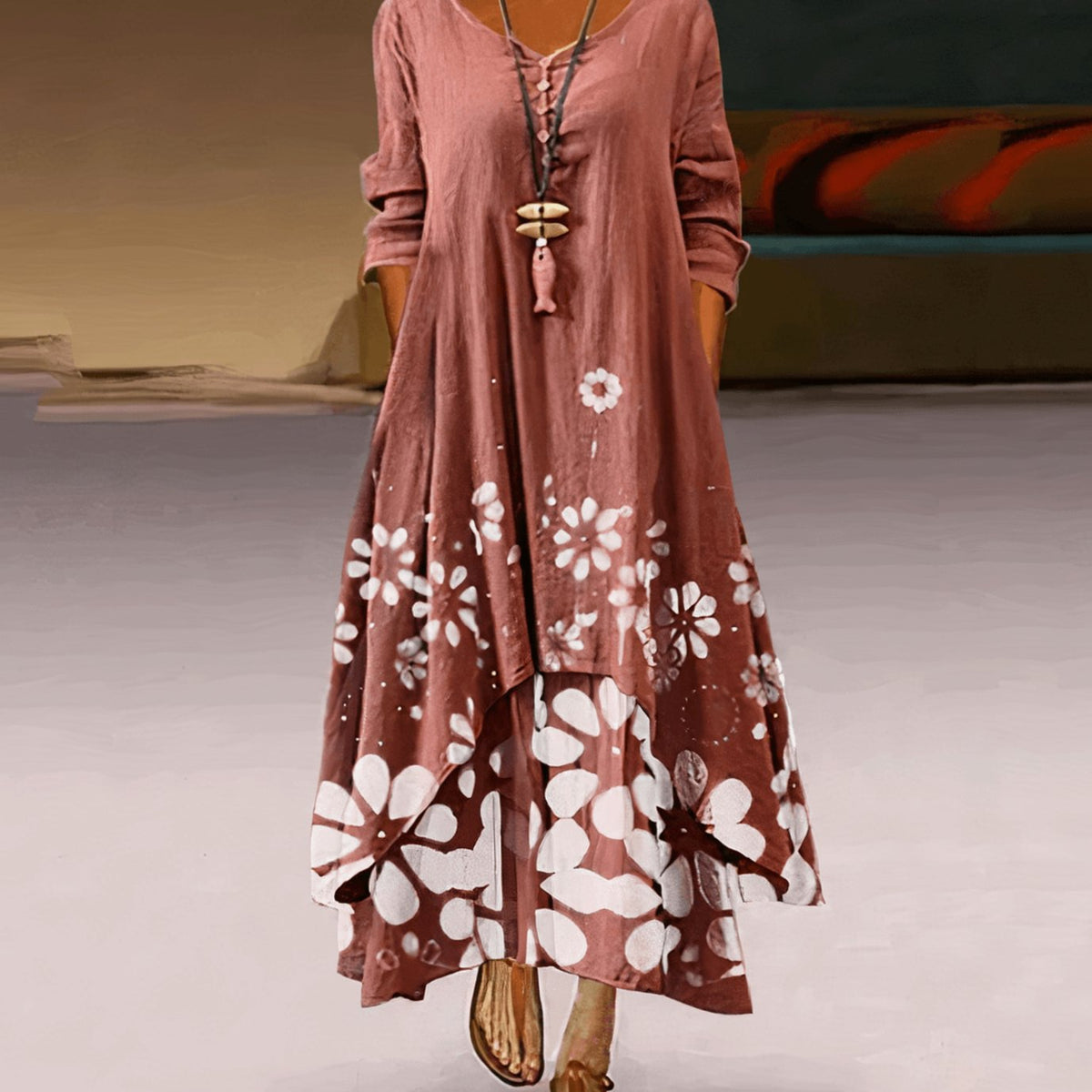 Florence | Long-Sleeve Relaxed Floral Maxi Dress for Spring