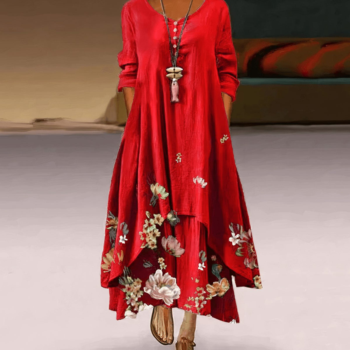 Florence | Long-Sleeve Relaxed Floral Maxi Dress for Spring