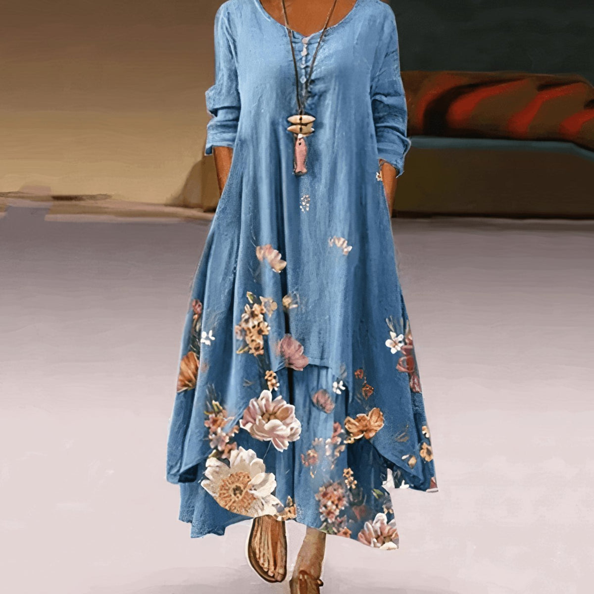 Florence | Long-Sleeve Relaxed Floral Maxi Dress for Spring