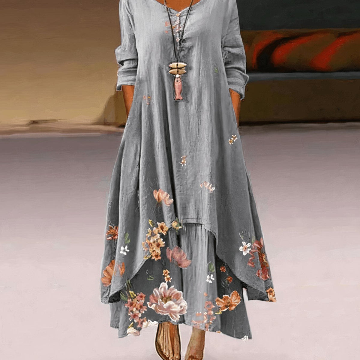 Florence | Long-Sleeve Relaxed Floral Maxi Dress for Spring