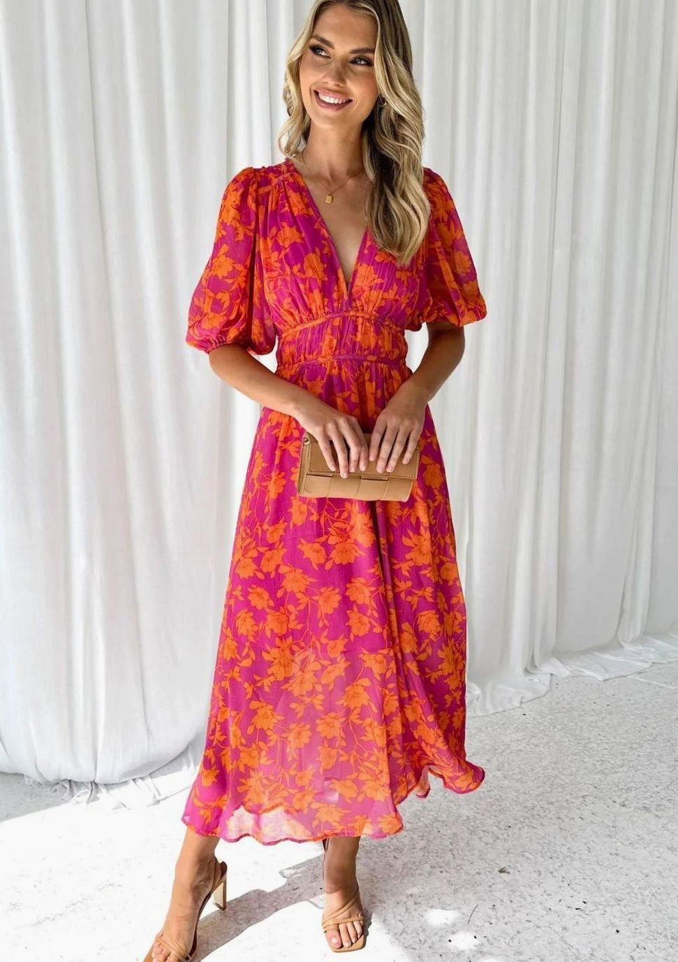 Josephine | Short-Sleeve Pink Floral Maxi Dress for Spring